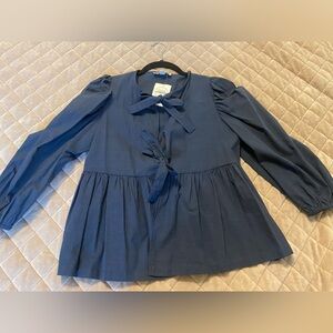 Blue Long Sleeve Blouse with Ties